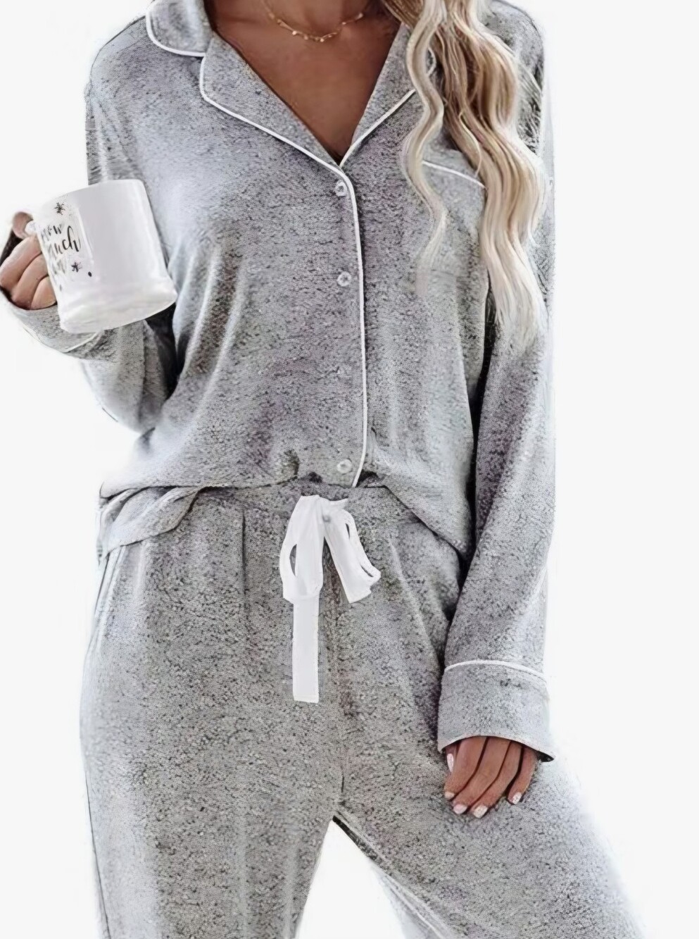 Classic Grey Button-Front Pajama Top with Contrast Piping